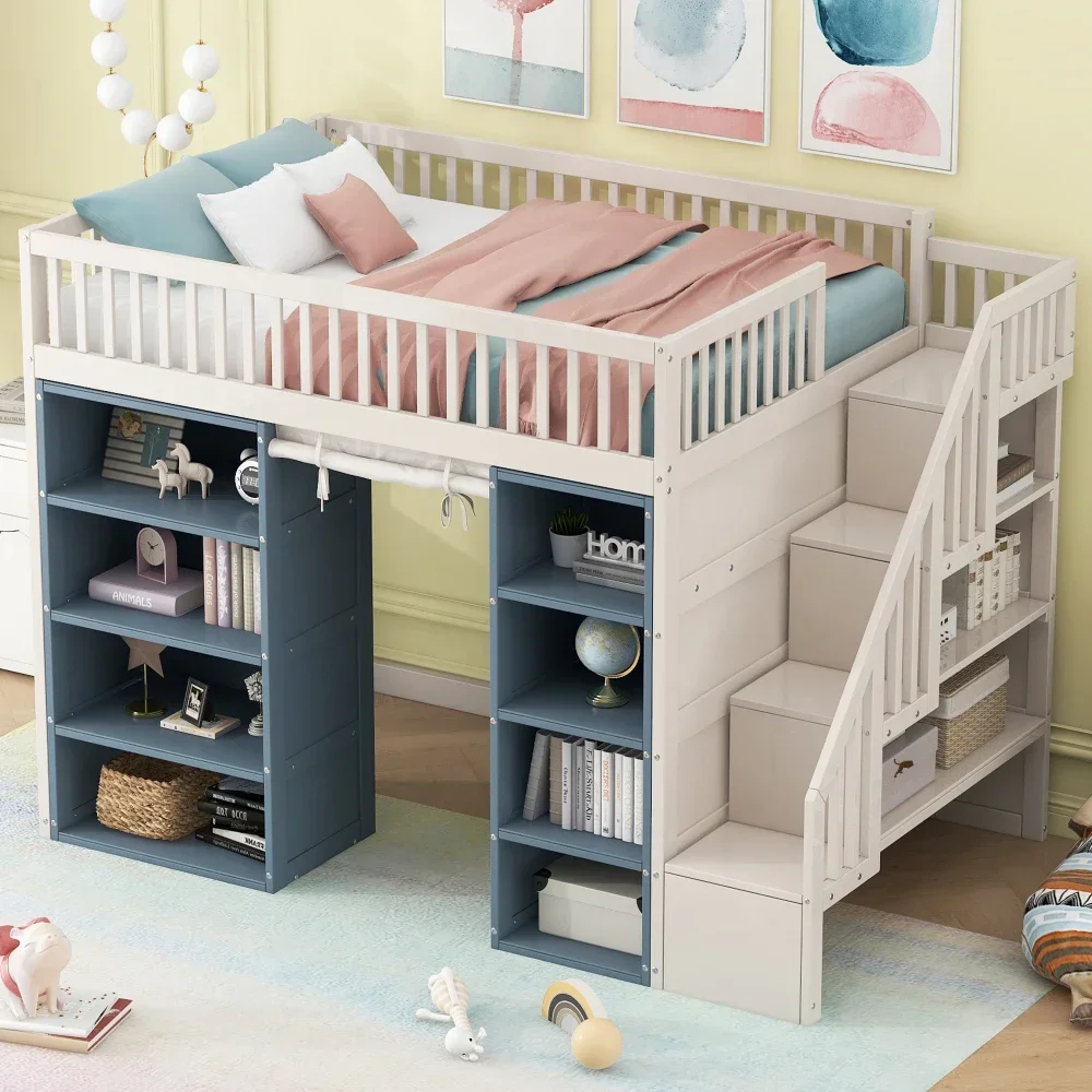 Full Size Loft Bed 2 Four-layer Storage Cabinets and Curtain,Blue Kids Beds for Boys Twin Bed ,White Frame Kids Beds for Girl US 2