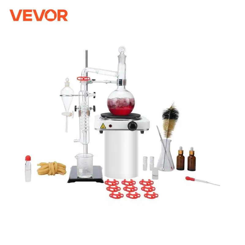 Lab glass supplies VEVOR Essential Oil Distillation Kit 500ml/2L Distillation Apparatus 3.3 Boro Lab Glassware Kit with 1KW Heat Plate