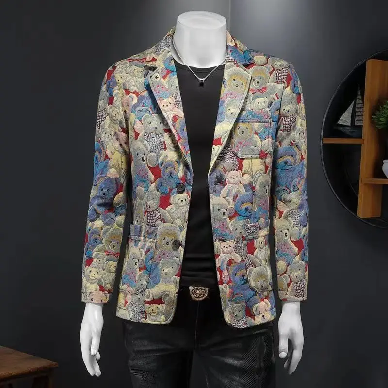 Boutique Design Men's Fashion Bear Blazer For Men Trendy Business Casual British Style Loose-fit Lapel Jacket