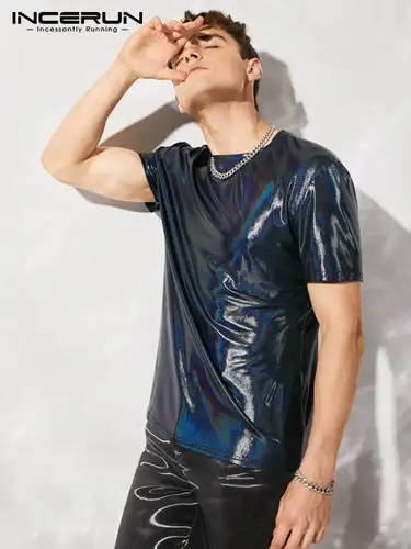 INCERUN 남성 티셔츠 o-넥 샤이니 반팔 파티 Camisetas 피트니스 2023 스트리트웨어 스트레치 패션 캐주얼 남성 의류 5XL 7 3