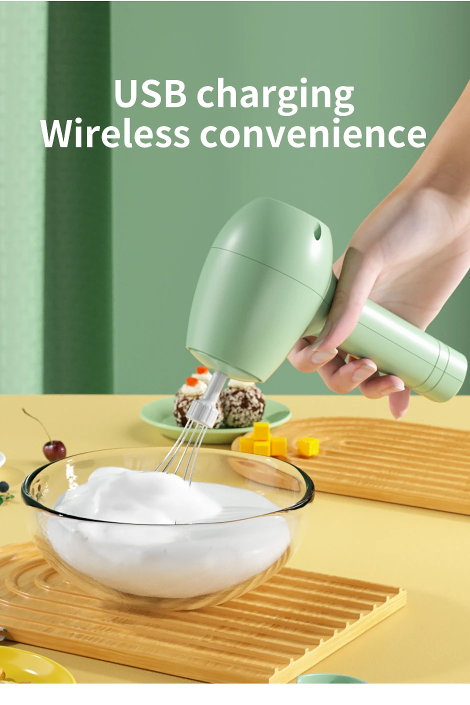 Description Picture 4 of itemWireless Portable Electric Food Mixer Automatic Whisk Dough Egg Beater Baking Cake Cream Whipper Kitchen Tool