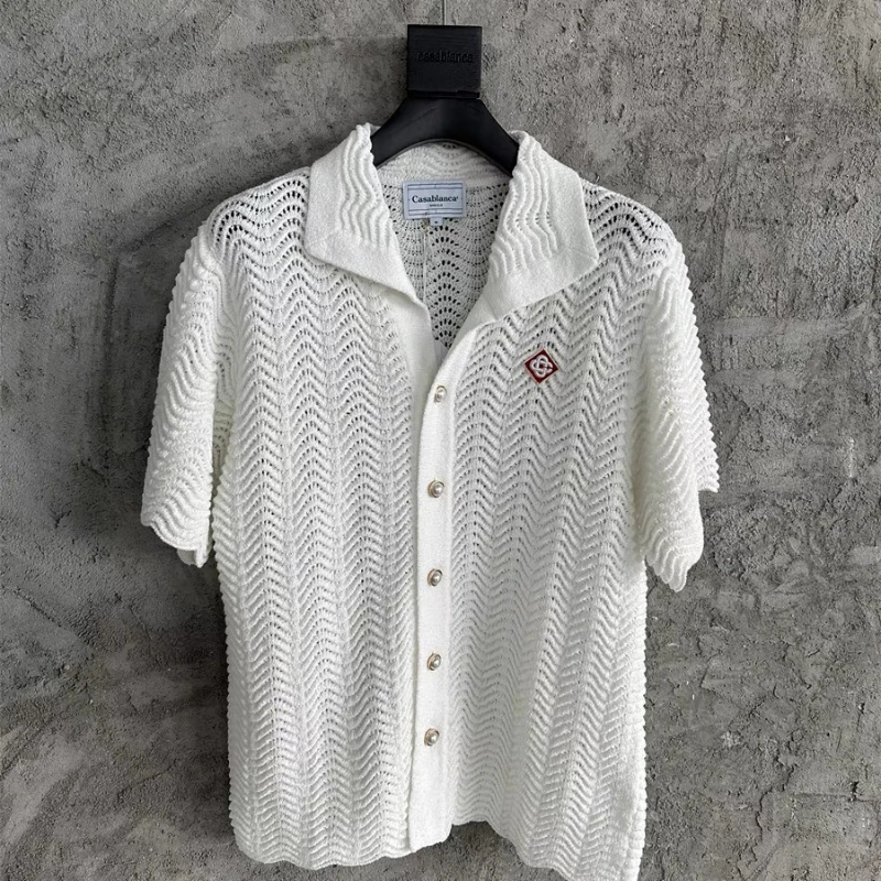 

23ss Oversized Casablanca White Sweater Men Women 1:1 Top Quality Jacquard Knitted Cardigan Pearl Buttons Sweatercoats