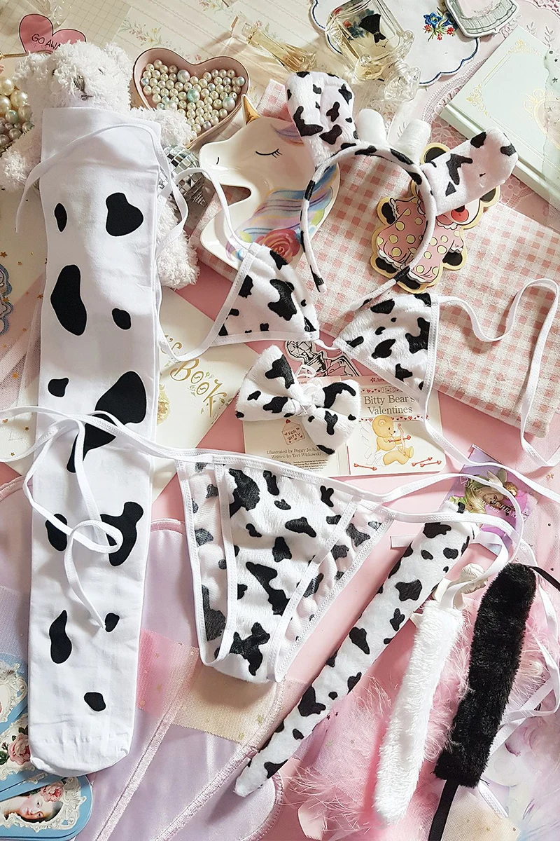 Japanese Underwear Anime Cos Flannel Cute Sexy Cow Lace Up Bandage Bikini Bra Set Womens Cosplay Lolita Kawaii Bra and Panty Set women lingerie,women lingerie set,women cosplay costume