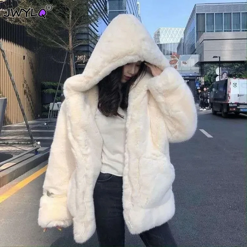 

Korean Hooded Faux Rabbit Fur Winter Clothes Women Solid Color Zipper Big Pocket Medium Long Coat Women New Warm Oversized Coats