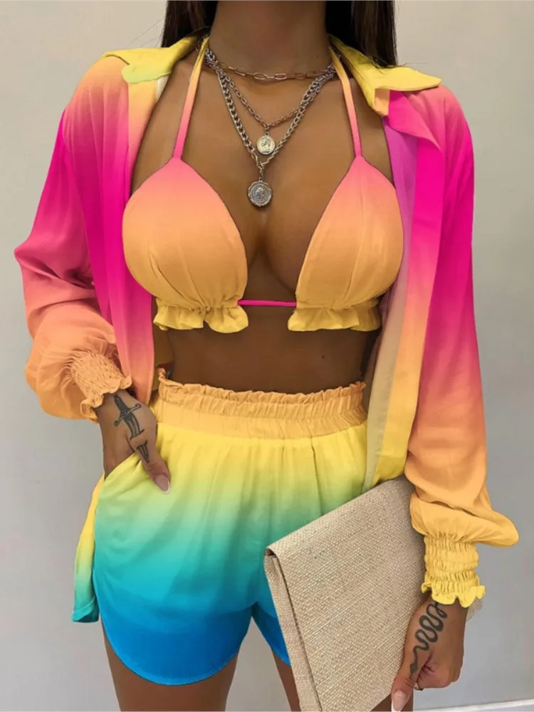 

Shirt Shorts Three-piece Bikinis Sets Women 2023 Summer Fashion Lantern Sleeve Printed Sexy Bikini Beach Swimwear Bathing Suit