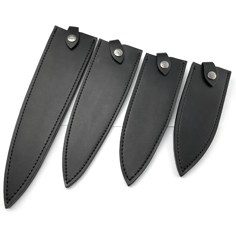 Black Genuine Cowhide Chef Straight Knife Sheath Cook Knives Cover Layer Leather Kitchen Blade Protector Scabbard With Buckle