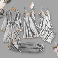 5 pièces/ensemble femmes Sexy pyjamas ensemble soyeux Satin dentelle chemise de nuit ample à lacets taille Homewear ensemble vêtements de nuit costume 4