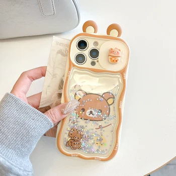 For iPhone 11 12 13 14 15 16 17 Pro Max Quicksand Ears Rilakkuma Sliding Window Protect Camera Case 1