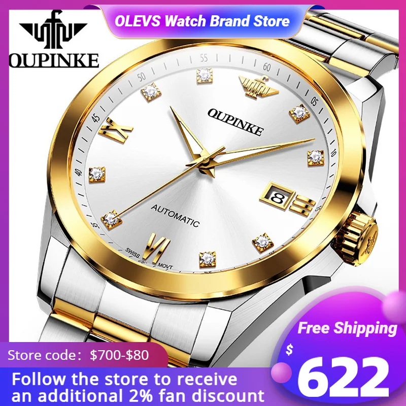 OUPINKE Original Mechanical Watches for Men Gold Luxury Real Diamond Sapphire Crystal Roman Business Dress Swiss Wrist Watch