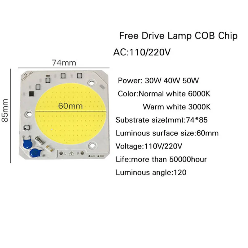 1/Psc High Voltage Free Drive Lamp COB Chip 30W 40W 50W Input Smart IC 220V Floodlight Integrated light source