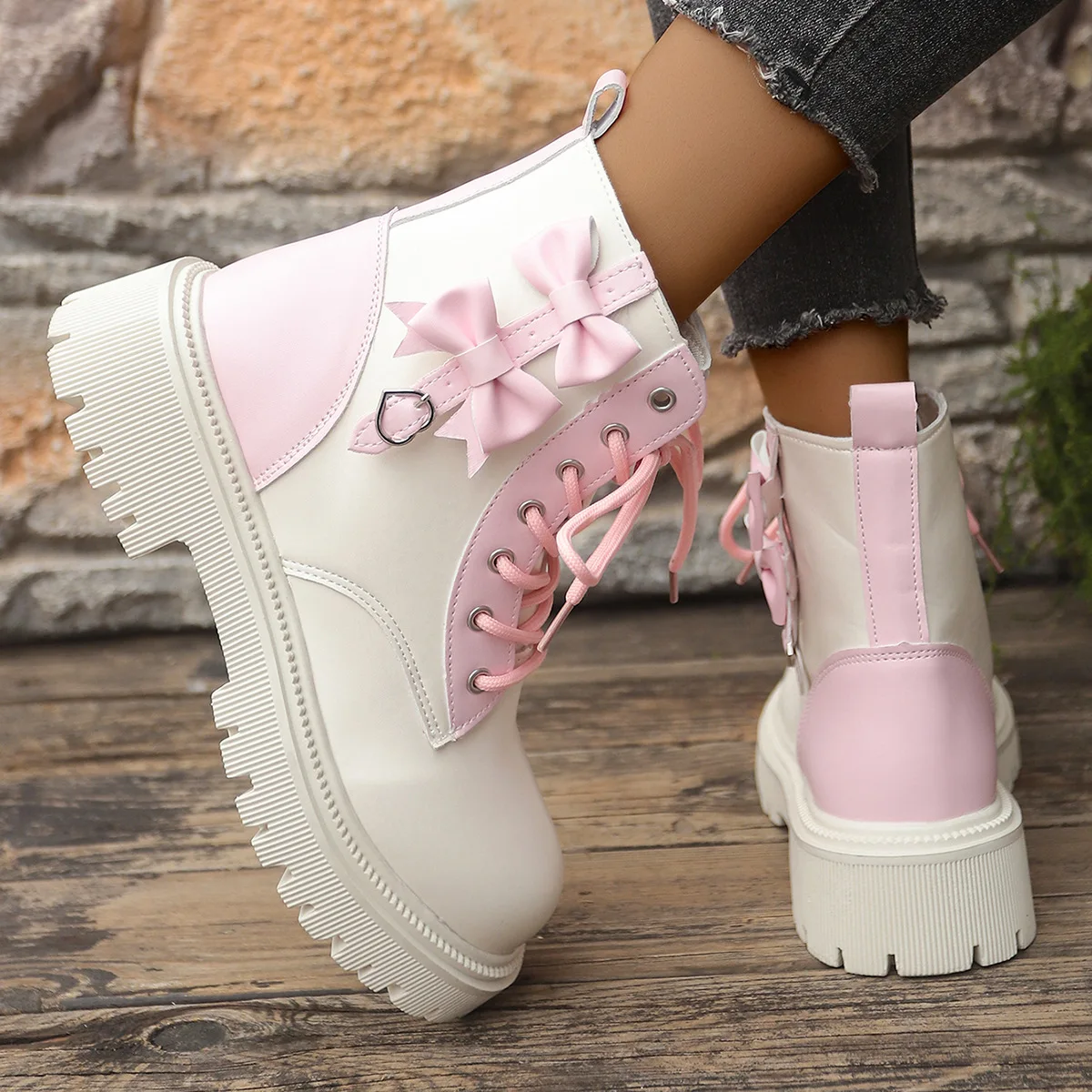 Sweet Pink Bowknot Mix Color Ankle Boots Women 2025 Autumn Thick Bottom Lace Up Boots Candy Punk Metal Decoration Booties Size42