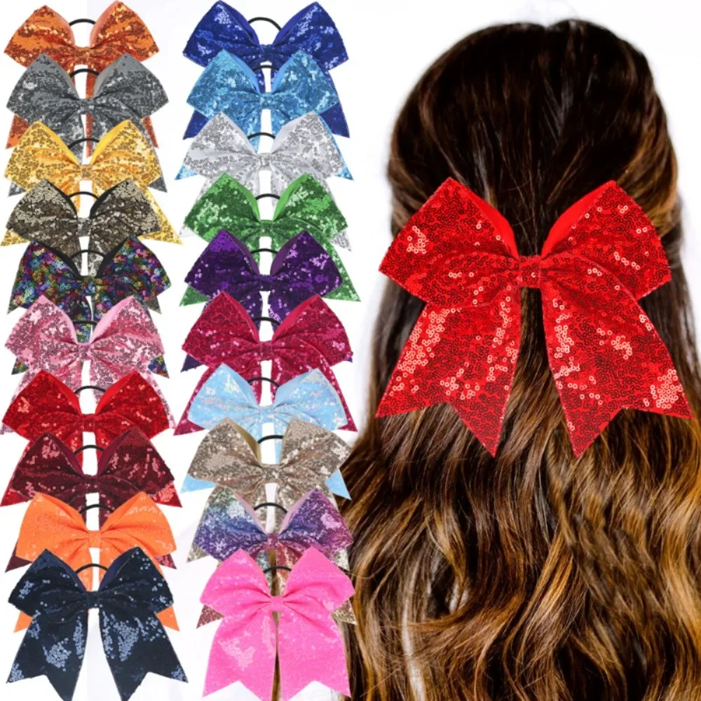 1 PCS Bling Glitter Sequins Pigtail Bows for Kids Large Sparkly Cheerleading Bowknot Ponytail Holder Girls Elastic Hair Ties