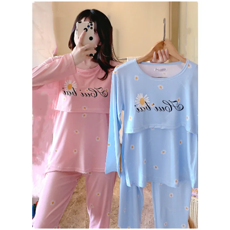 Breastfeeding Maternity Women Nightgown Spring Long Sleeve Top+Pant 2pcs Nursing Pajama For Pregnancy Women Sleepwear B0021 Cotton Pajama Set Breastfeeding Nightgown Maternity Nightgown Set