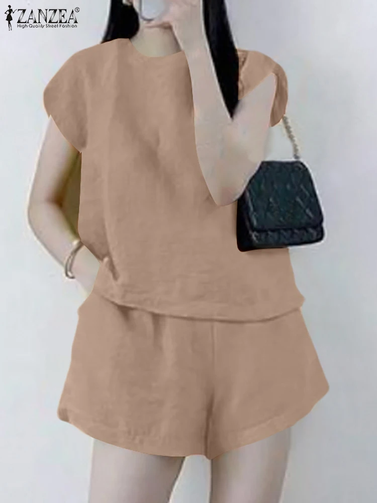 

Модные Офисные короткие комплекты ZANZEA 2 шт. летний женский комплект из блузки с коротким рукавом и брюк пляжные праздничные наряды элегантный Городской Спортивный костюм