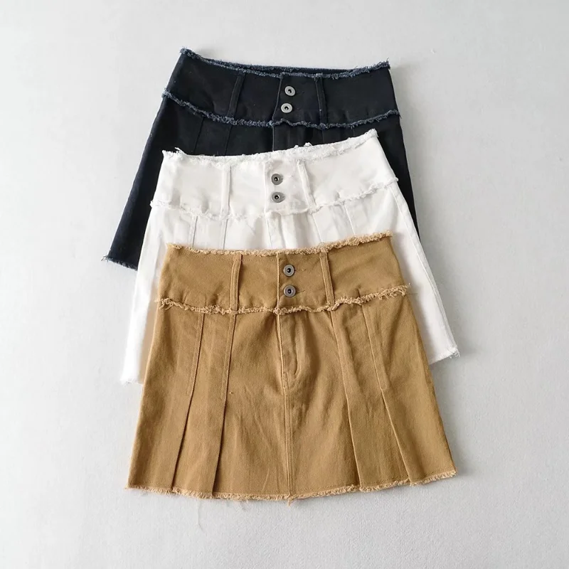 

HOUZHOU Y2K Low Rise Skirt Denim Women Fashion Gyaru Vintage Single Breasted Ragged Hem Pleated Cargo Mini Skirt Streetwear 90s