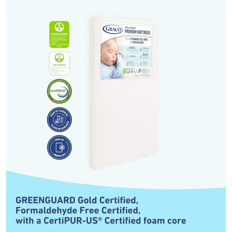Graco Premium Crib & Toddler Mattress-GREENGUARD & CertiPUR-US Certified, Machine Washable Cover, Waterproof Sleep Surface
