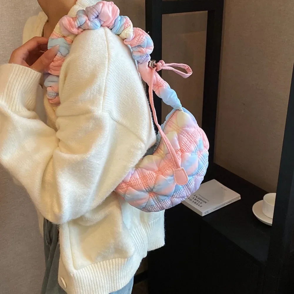 Gradient Pink PU Leather Crossbody Bags Women Fashion Versatile Cloud Shoulder Bag Female Casual Bubble Pleated Down Handbags