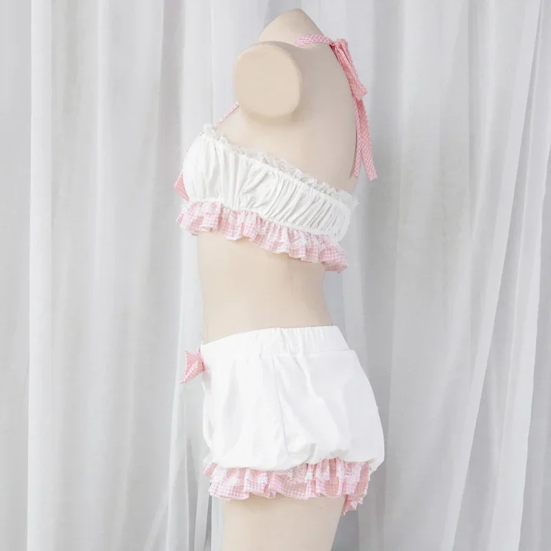 Lolita Cute Girl Ruffles Women Kawaii Maid Outfit Sweet Sexy Sleepwear Servant Cosplay Costumes Bow Lace Tops and Bloomers Set lolita cosplay costumes