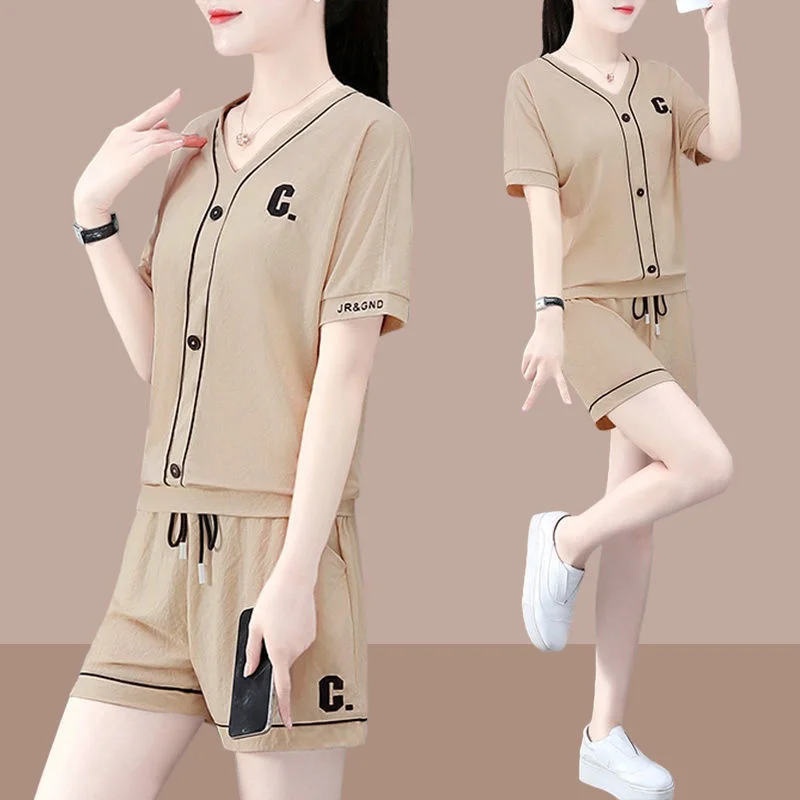 Women's Casual Sweat Suit Matching Summer New Fashion Silk Short-Sleeved Crop Top And Shorts 2 Two Piece Set For Women Clothing - Image 3