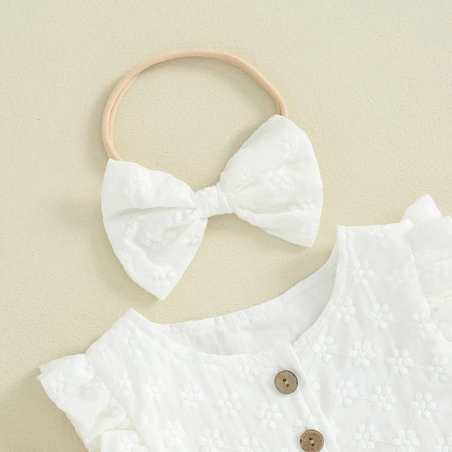 Newborn Baby Girl Summer Romper Daisy Print Shirt Ruffle Sleeveless Floral Embroidered Tops Button Bodysuit Hairband 1