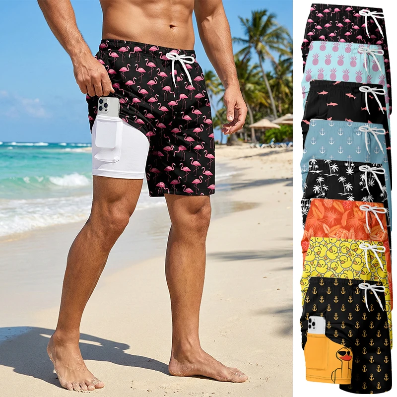 3D Print 2 in 1 Mens Swim Trunks Summer Quick Dry Beach Shorts with Phone Pocket Swimwear Swimsuit Bathing Suit  Board Shorts