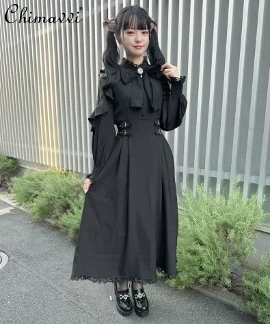 Japanese Mine Style Slim Shoulder Hollow Long Sleeve Stand Collar Dress Autumn Fashion Kawaii Lolita High Waist Dresses Women