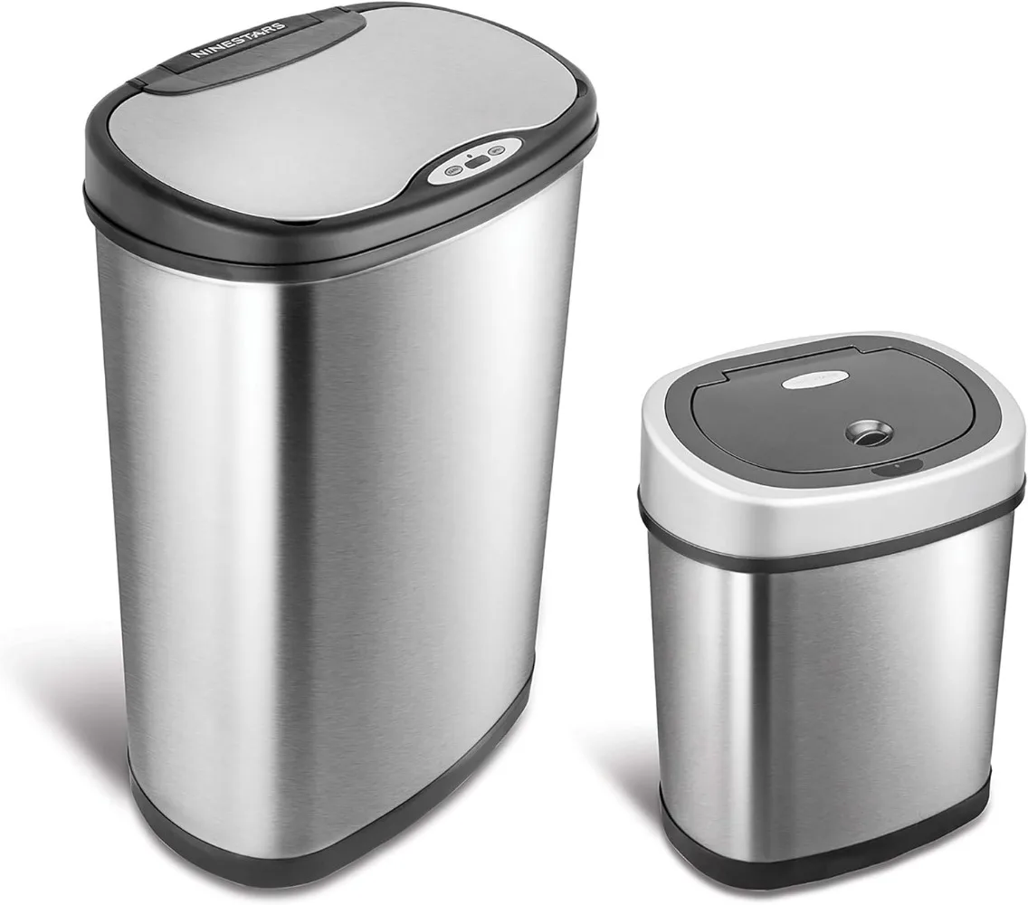 

Automatic Non-contact Infrared Motion Sensor Bin Set Stainless Steel Base Oval Advanced Technology Black Lid