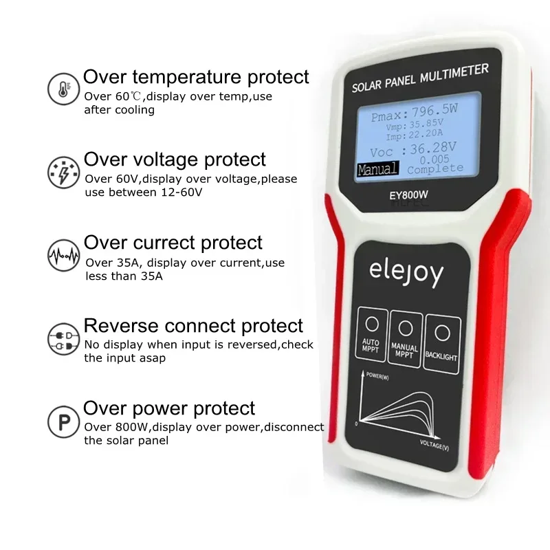 EY800W LCD Photovoltaic Panel Multimeter Auto/ Manual MPPT Solar Panel MPPT Tester Voltage Testing Tool 800W 35A