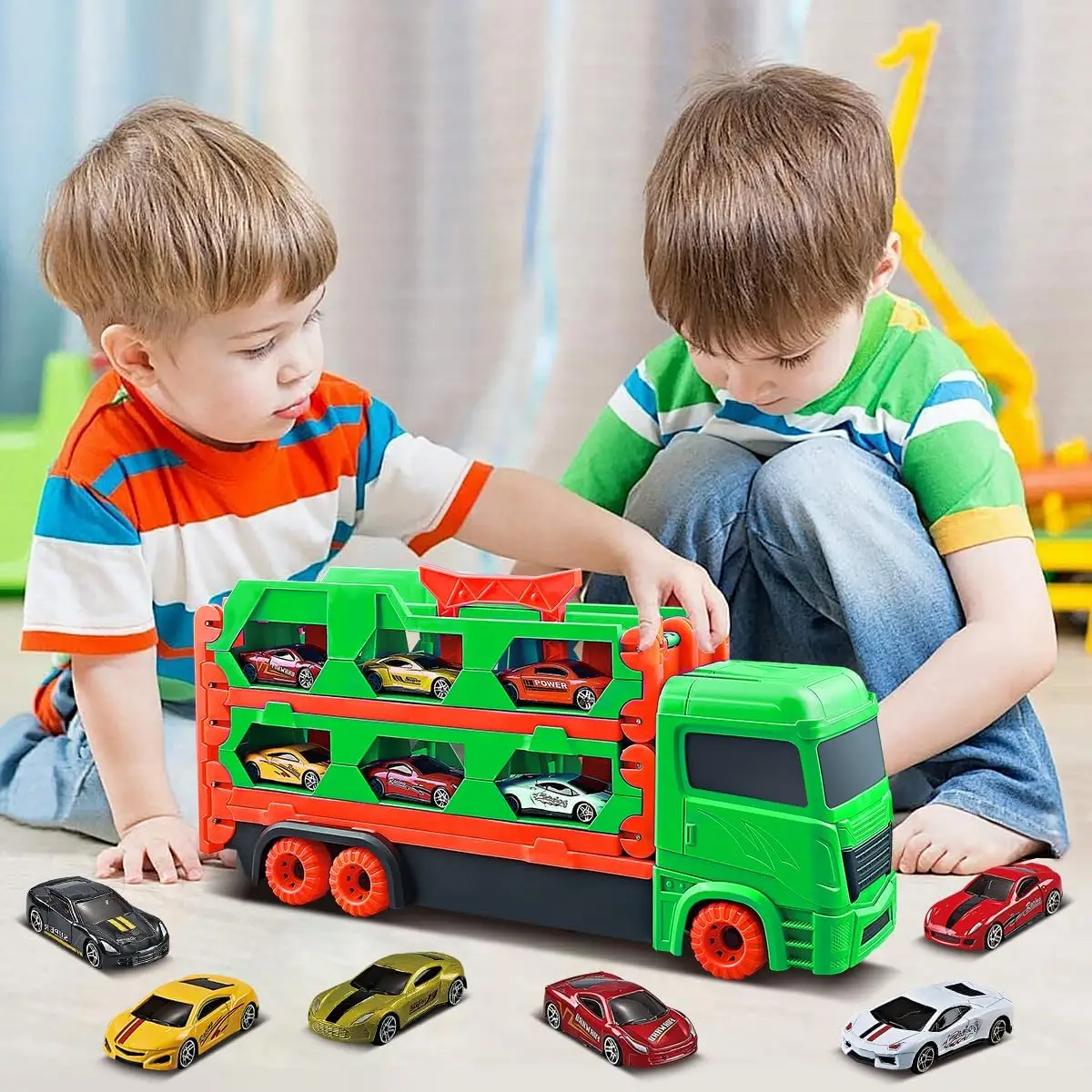 VATOS Camion Trasporto Auto Con Pista Portatile – Set 6 Macchinine Da Corsa, Giocattolo Educativo In ABS Per Bambini 3-7 Anni, Regalo Ideale Per Compleanno E Natale