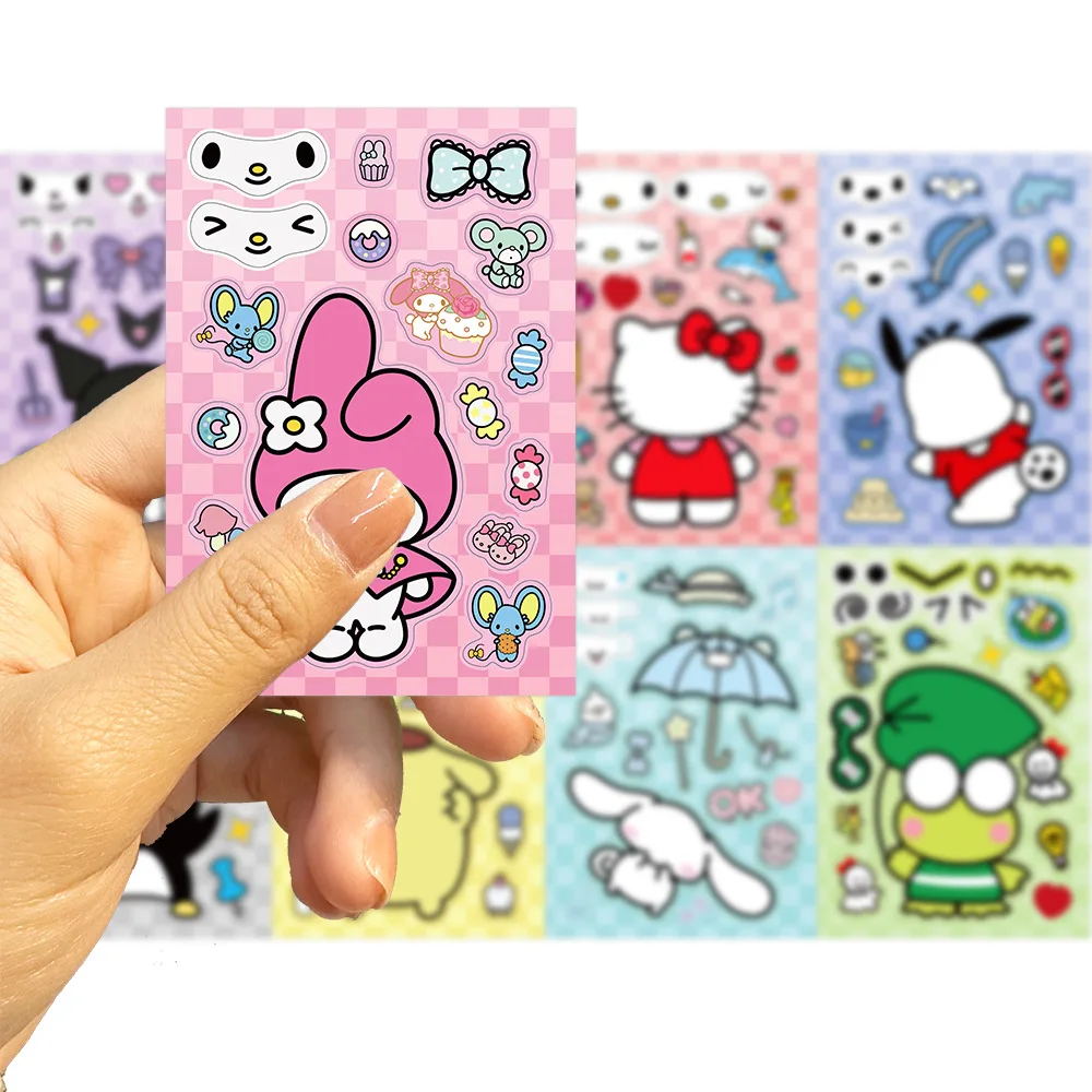 8/16 시트 어린이 Make-a-Face 퍼즐 스티커 Sanrio 헬로 키티 Kuromi 멜로디 어린이 DIY 조립 퍼즐 게임 어린이 장난감 파티