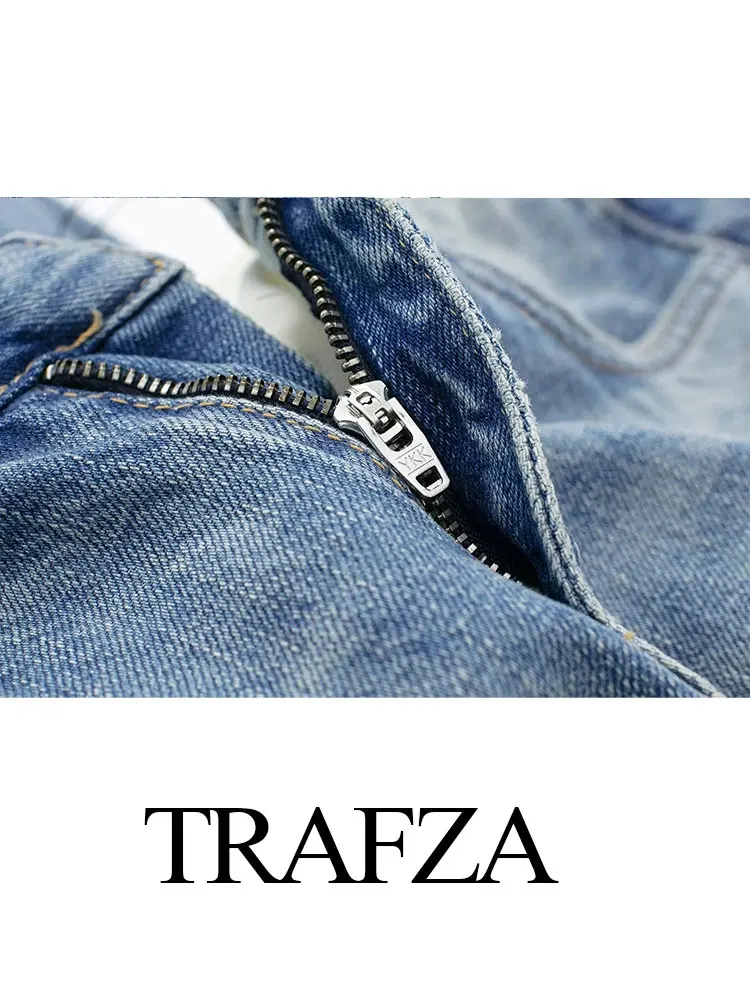 TRAFZA Summer New Women's Retro Denim Blue Street Trousers Fashion Mid-waist Splicing Pocket Women's Zipper Trousers Casual Jean