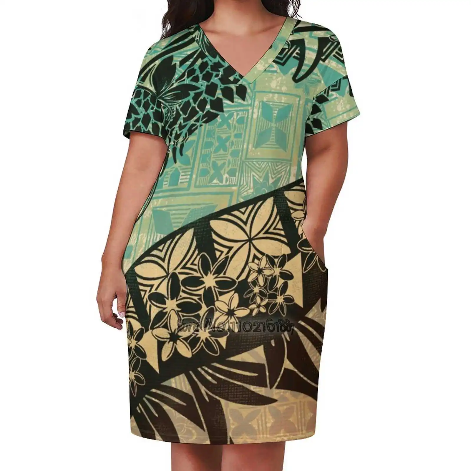 

Vintage Samoan Old Teal Tapa Threads Design Print Dress Short Sleeve V-Neck Fashion Skirt Thin Short Sleeve Skirts Hawaiian
