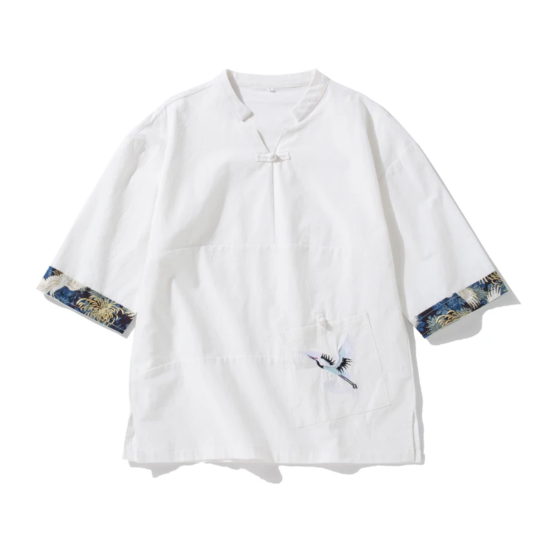 New Men's Casual Blouse Cotton Linen Shirt Loose Tops Short Sleeve Chinese Clothing Summer Casual Handsome Men's Hanfu Coat