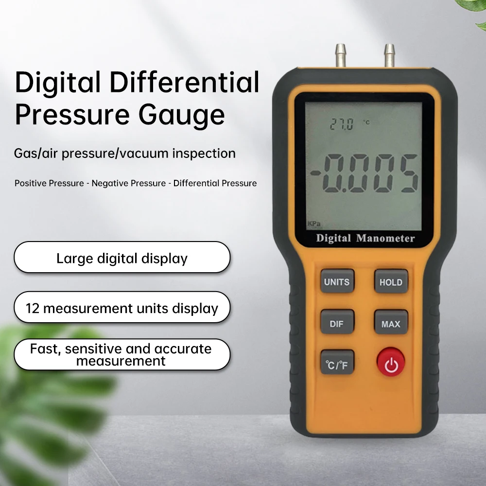 

Digital Manometer ℃ ℉ Switchable 12 Pressure Units LCD Display Adjustable Temperature Tool Pipes Pressure Measuring Device