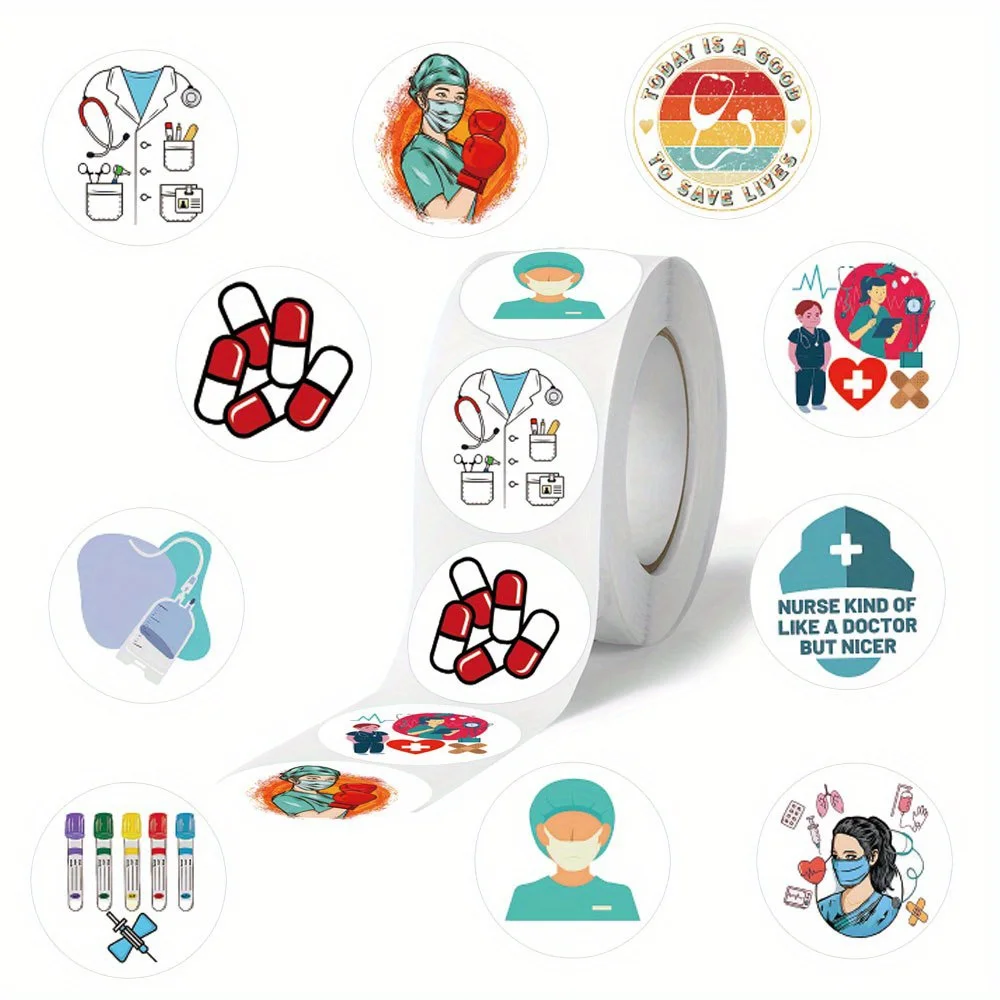 500pcs/roll 의사 간호사 접착 테이프 스티커 1 인치 자체 접착 장 씰링 편지, 선물, 스케이트보드 스티커 등