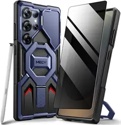 Shockproof Rugged Phone Case with Screen Protector, Camera Cover, Kickstand, and Magnetic Features - PC (Privacy Dark Blue)