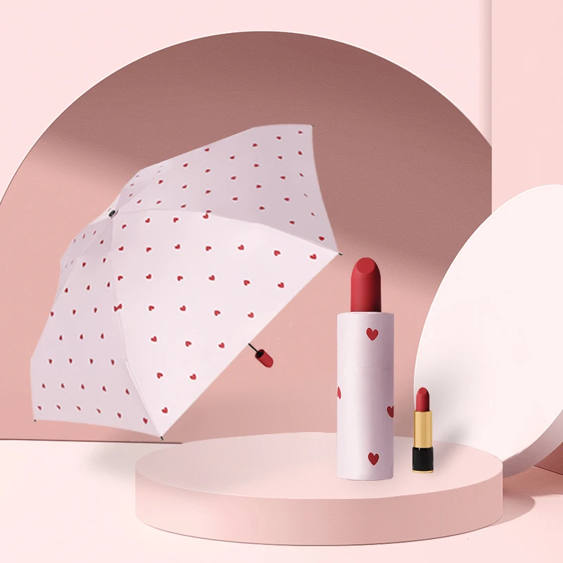 Cute Folding UV Umbrella for Women Portable Sunshade Windproof Parasol Umbrella Girls Creative Lipstick Mini for Sun