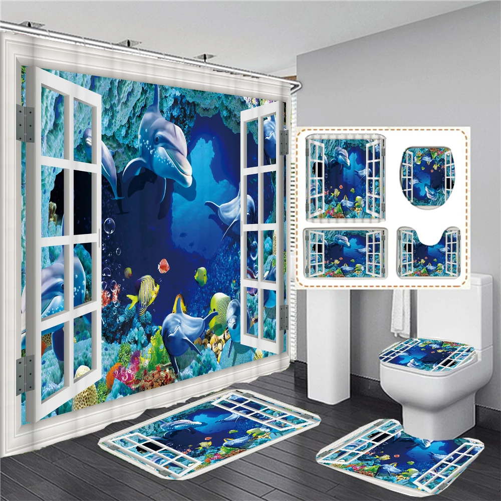 

Ocean Dolphin 3D Shower Curtain Underwater World Print Bathroom Curtains Set Toilet Lid Cover Non-Slip Carpet Bath Mat Decor