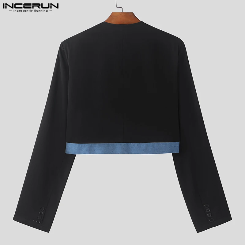 INCERUN Tops Korean Style Men's Fashion Contrast Denim Splicing Short Suit Coats Casual Streetwear Male Long Sleeved Blazer