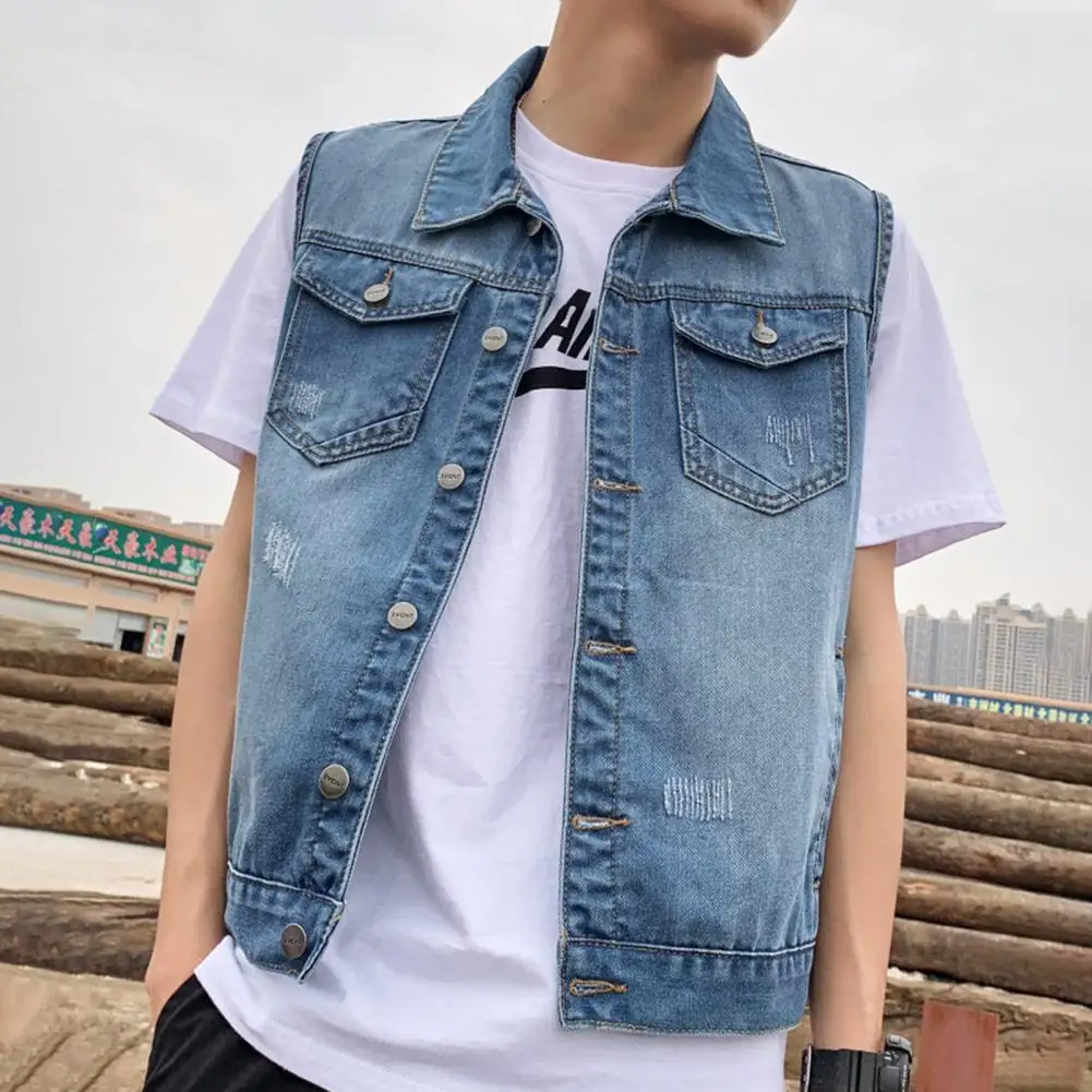 

Men Lapel Sleeveless Denim Vest Jackets Ripped Holes Pockets Single Breasted Washed Loose Casual Waistcoat jaqueta masculina