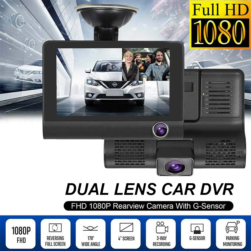 

Pro 4'' Three Ways Car DVR FHD 1080P Dual Lens Video Recorder With Rearview Mirror Camera 170 Wide Angle Dash Cam Camcorder