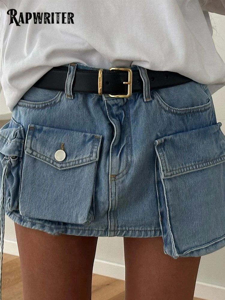 

Rapwriter Aesthetics Cargo Stylish Denim Skirts Fashion Low Waist Big Pockets Button Mini Skirt Casual Y2K Streetwear For Woman
