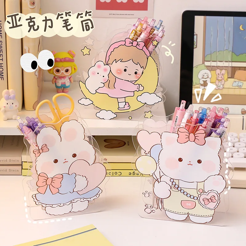 

Kawaii Desktop Pen Holder Transparent Student Stationery Storage Box Cute Cartoon Pencil Holder Ins Desk Organizer For Girls