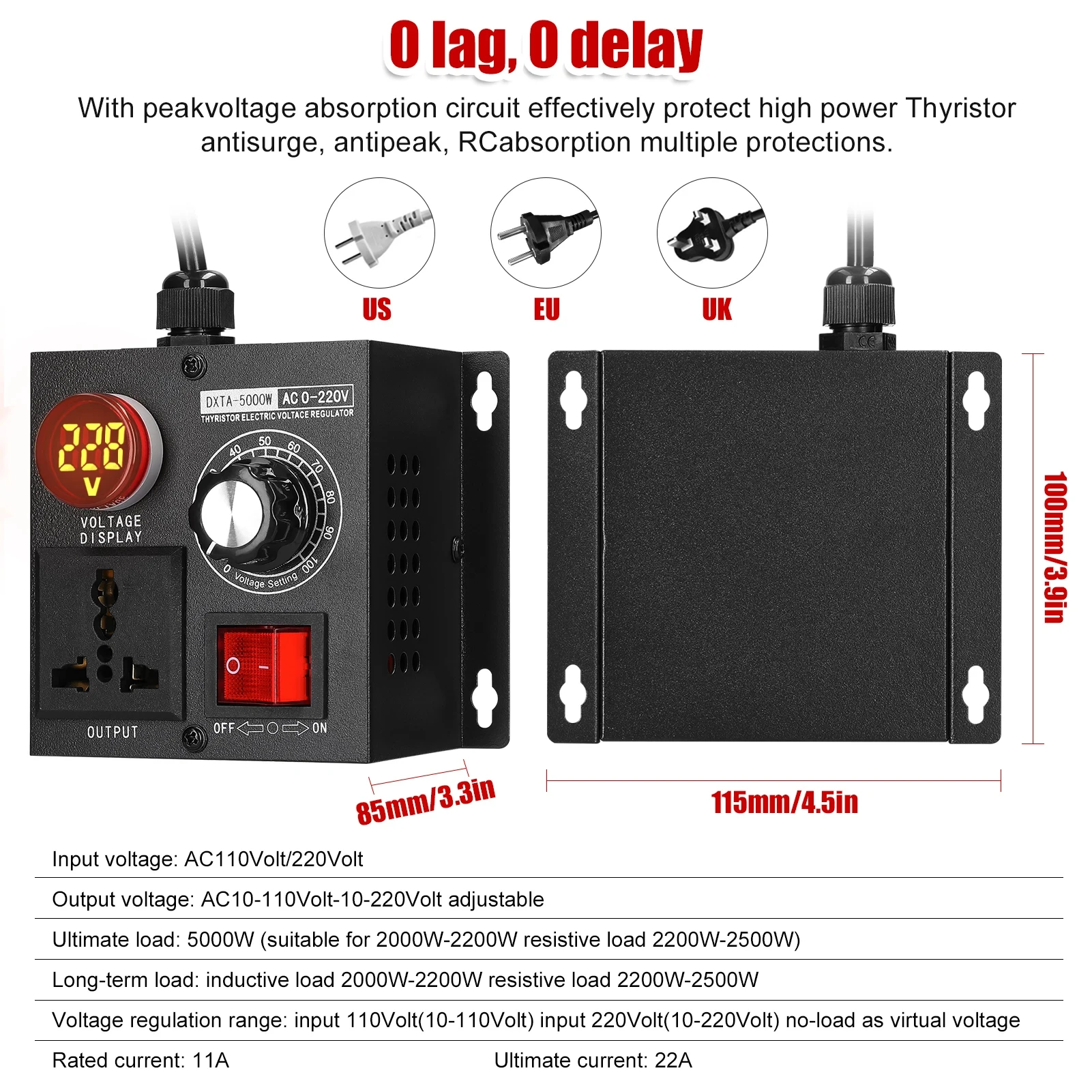 휴대용 가변 단상 전압 조절기, 무단 전압 조절기, 온도 속도 조명 조절기, AC220V, 5000W