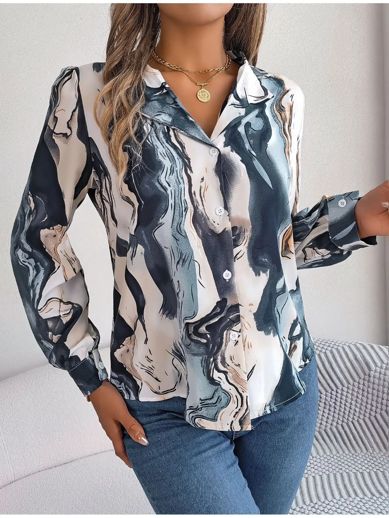 Autumn Winter Women Casual Notched Long Sleeve Blouse