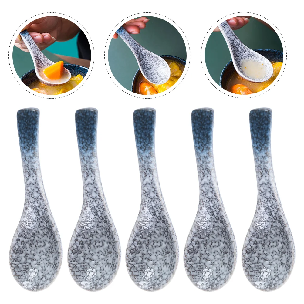 

5Pcs Ceramic Soup Spoons Multipurpose Spoons Food Rice Scoop Porridge Spoons