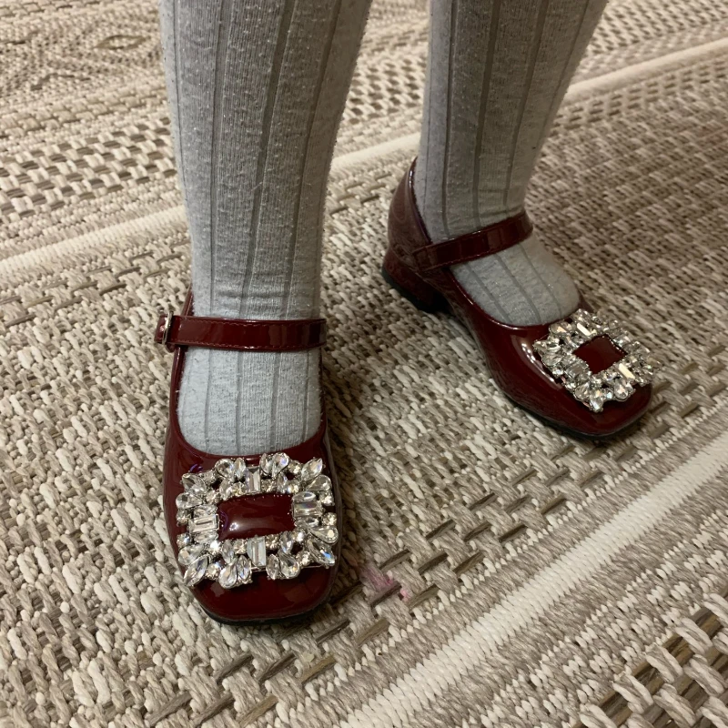 Kids Shoes Spring Fashion Princess Dress Shoes Baby Girls Flats Patent Brand Mary Jane Rhinestone Middle Heel Red Soft Sole mary jane shoes,girls shoes,girls flats,girls high heel shoes