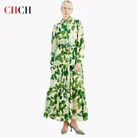 CHCH Women's Dress 2025 Spring New Long Sleeve Collar Green Flower Vacation
