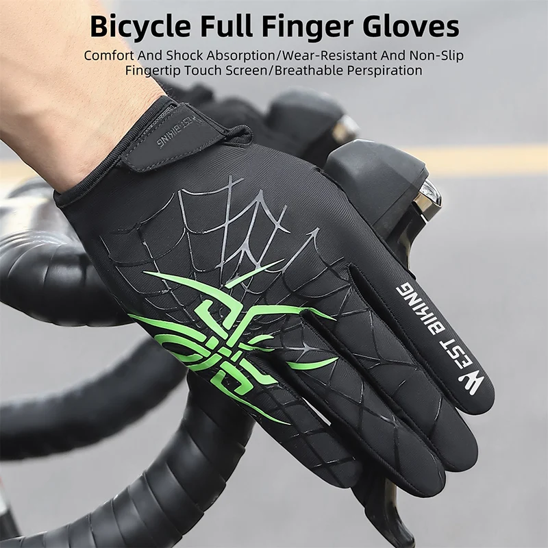 Cycling Gloves WEST BIKING Full Finger Touch Screen Men Women MTB Spider Pattern Anti-Slip Spring Autumn Bicycle