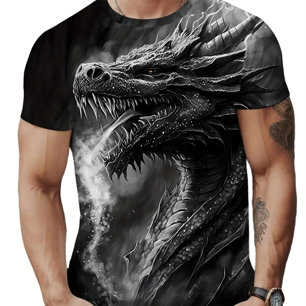 3D Digital Animation Style Roaring Dragon Pattern Round Neck Short Sleeve T Shirt Fashion Cool Men's Summer Streetwear Tops 13